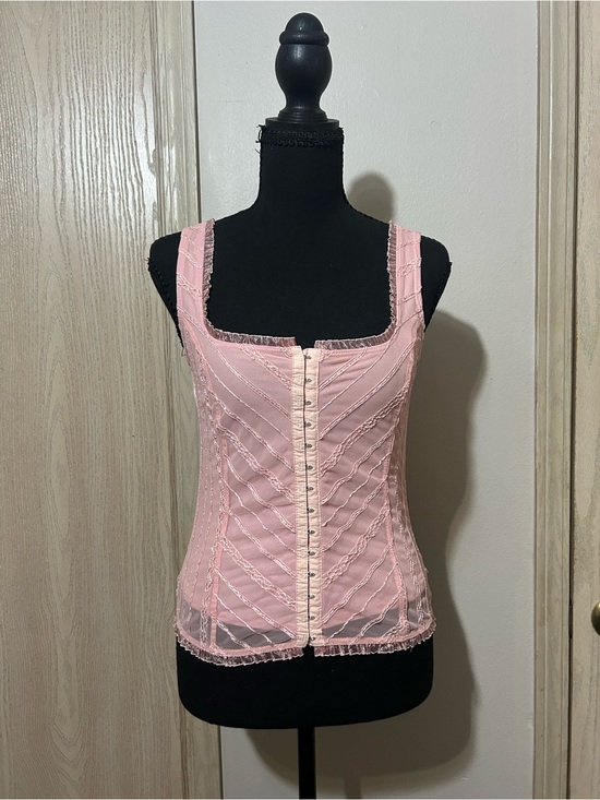 Newport News Tops - Newport News Pink Lace Trim Corset-Style Tank